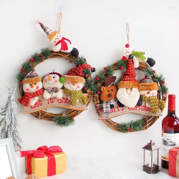 Flores decorativas Navidad muñeco de nieve anciano ratán adornar puerta colgante muñeca anillo decoración colgante ventana arreglo suministros festivos