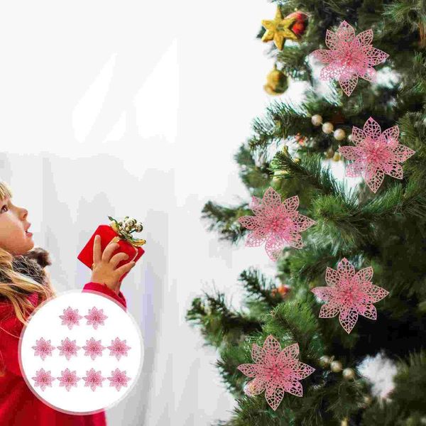 Flores decorativas árbol de Navidad colgante hueco Artificial brillo Poinsettia adornos navideños decoraciones
