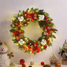 Flores decorativas Pendientes colgantes de pared de Navidad con conos de pino de abeto Bola de bayas 40 cm adornos de Pvc Light Up for Front Door