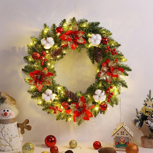 Flores decorativas Pendientes colgantes de pared de Navidad con conos de pino de abeto Bola de bayas 40 cm adornos de Pvc Light Up for Front Door