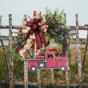 Guirlande de fleurs décoratives de noël en rotin artificiel, guirlandes de camion rouge, ornements suspendus, guirlande de porte d'entrée rustique, Simulation de baies