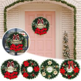 Flores decorativas, corona navideña para puerta delantera, Navidad con gran rejilla roja, lazo, aguja, bayas, Mantel de algodón