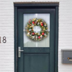 Couronne de noël à fleurs décoratives pour porte d'entrée 15,7 pouces, avec lumières, décorations de baies rouges, décor mural de fenêtre