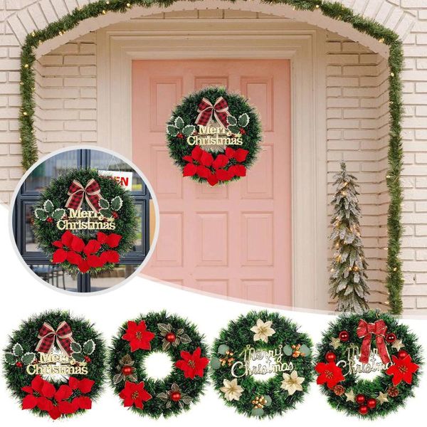 Flores decorativas corona navideña para la puerta delantera dientes con una gran aguja de reverencia de rejilla roja con cinta de aire libre iluminada al aire libre