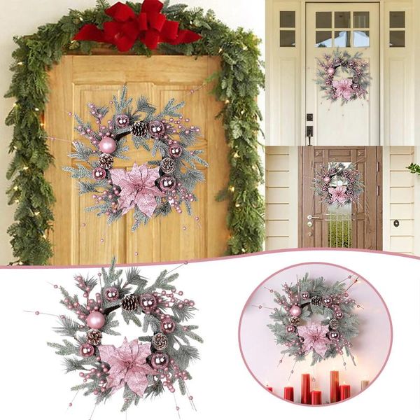 Flores decorativas corona navideña para puerta delantera linda rosa baya de baya de invierno enrollado con aguja de aguja porche decoraciones de otoño