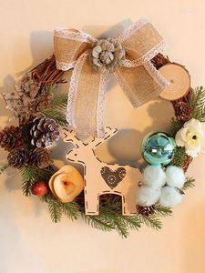 Decoratieve bloemen kerstkrans voordeur decor met rattan tak eland katoen ball dennen kegel jute bowknot hanger feestvoorraad