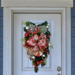 Decoratieve Bloemen Kerstkrans Garland Candy Cane Bow Ornament Xmas Voordeur Hangende Muur Home Decor Voor Outdoor Garden