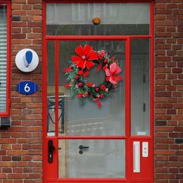 Fleurs décoratives Guirlande de Noël Couronnes de feuilles vertes Rouge Bowknot 17,7 pouces Tenture murale Saisonnier