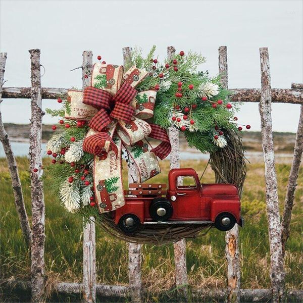 Couronne de fleurs décoratives de noël, vigne artificielle faite à la main, ornements suspendus, camion rouge, guirlande de feuillage Floral, décorations d'arbre de noël