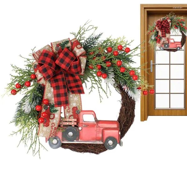 Couronne de fleurs décoratives de noël, camion rouge, produits de décoration artistique et réaliste pour la maison, pour portes d'entrée et entrée arrière