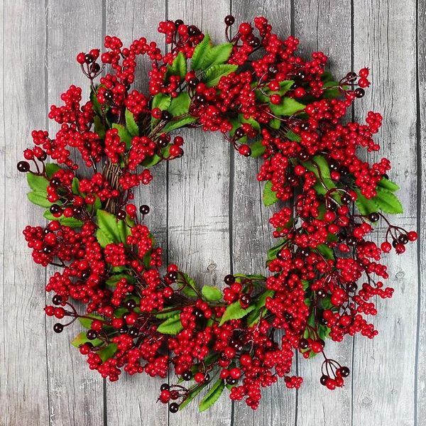 Fleurs décoratives couronne de Noël rose rouge baie artificielle avec feuilles vertes vacances pour décoration de porte d'entrée