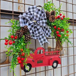 Decoratieve bloemen Kerstmiskrans rustieke boerderij Red Truck Holiday Garland met bowknot voor voordeurdecoratie