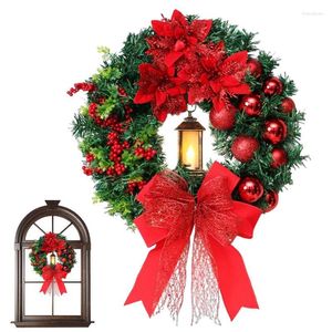 Decoratieve bloemen kerstkrans met lichten 15,74 inch rode bal warm wit lantaarn lint bowknot decor festival slinger