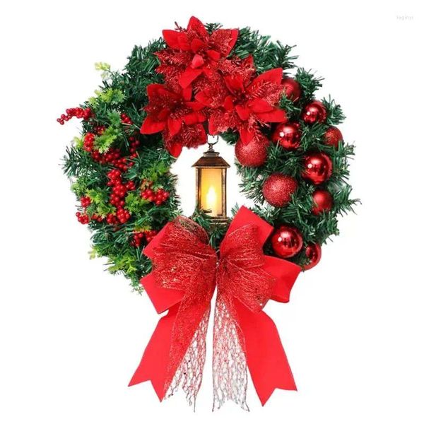 Fleurs décoratives couronne de Noël avec lampe à huile à LED 16 pouces exquise rouge artificiel rouge pour la fenêtre de porte d'entrée décoration suspendue