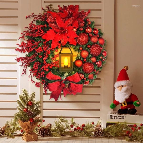 Couronne de fleurs décoratives de noël avec lampe à huile LED, artificielle suspendue, pour porte d'entrée, fenêtre, décoration murale, 2023