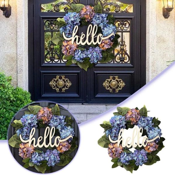 Flores decorativas, coronas de Navidad, hortensias, Hola, decoración del Día de Acción de Gracias, puerta de jardín, fondo, pared, colgante de ventana