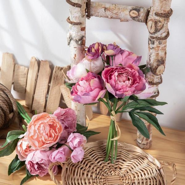 Fleurs décoratives Chzimade pivoine artificielle soie Rose mariée hortensia grand Bouquet mariage faux Vase de fête bricolage décoration de Table à la maison