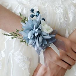 Decoratieve bloemen Klassieke stoffige blauwe zijden polscorsages voor vrouwen Fake Rose Damas De Honor Wedding Prom Decor Accessoires