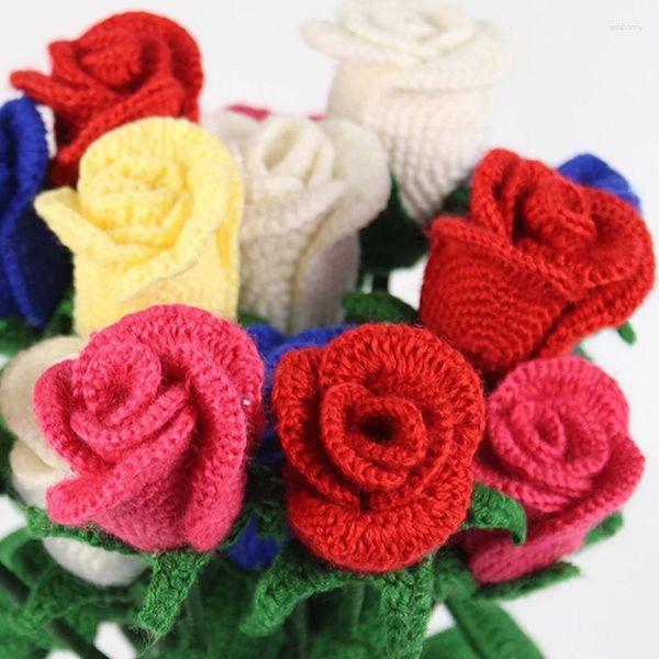 Fleurs décoratives couleur laine bouquet en tricot rose fleur artificielle belle plante de mariage fête au crochet de fil d'ornement décor