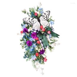Couronne de fleurs décoratives colorées, couronne de papillons, porte de printemps et d'été, anneau de fleurs artificielles, décoration murale de chalet, fournitures de fête de mariage