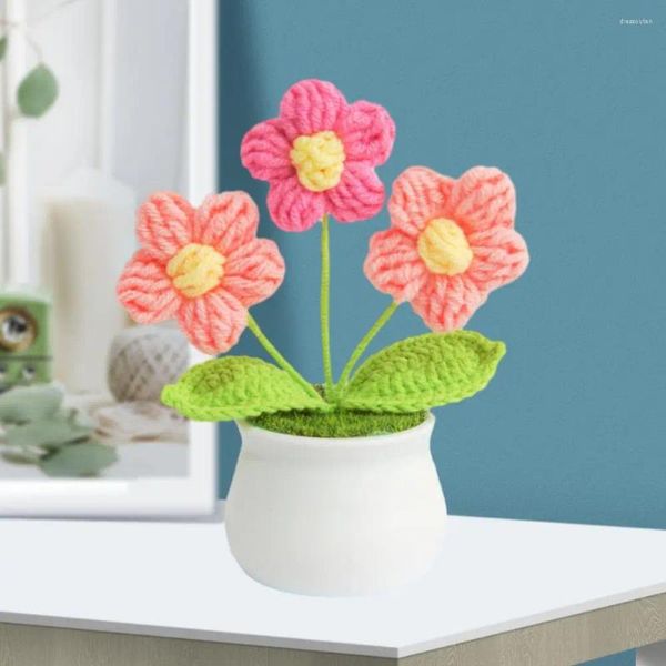 Fleurs décoratives plantes colorées, petite fleur crochetée à la main en pot, fil réaliste, décoration de maison, Bouquet tricoté