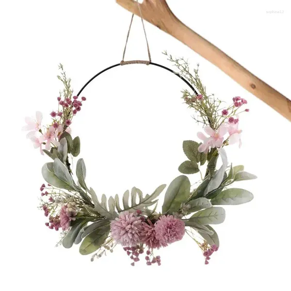 Flores decorativas Corona de aro de primavera colorida con orquídeas crisantemos Dandelions y gypsophila Farmhouse Door Hanger para un hogar vibrante