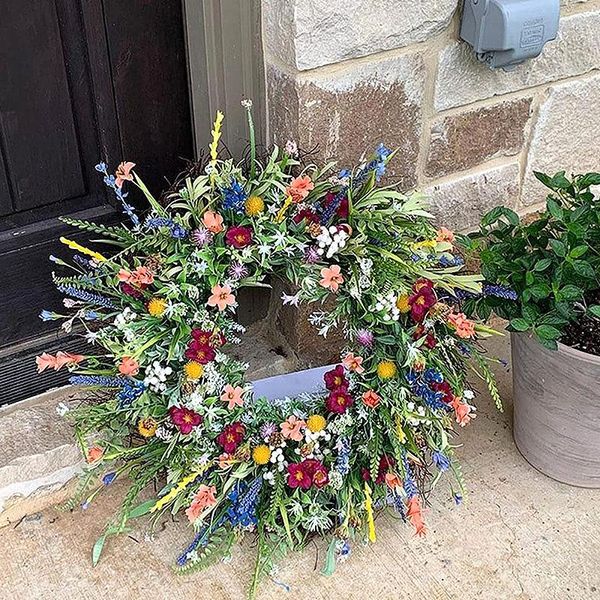 Flores decorativas coloridas primavera verano corona granja al aire libre cabaña artificial guirnalda decoración puerta delantera pared jardín boda