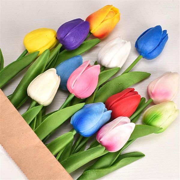 Fleurs décoratives tulipe colorée fleur artificielle en plastique vert plante Bouquet pour la décoration de mariage à la maison forme réaliste