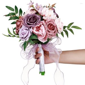 Fleurs décoratives pays mariée mariage Bouquet bleu blanc ruban de soie Roses mariée Boho main Bouquets artificiels pour la décoration intérieure