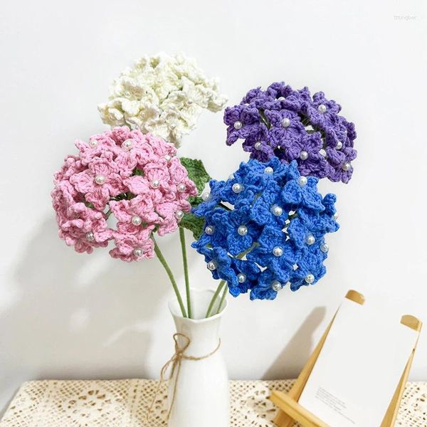 Flores decorativas creativas de lana hecha a mano Hydrangea Simulación Flor Decoración del hogar Regalo de vacaciones tejido rosa color rosa blanco azulado azul