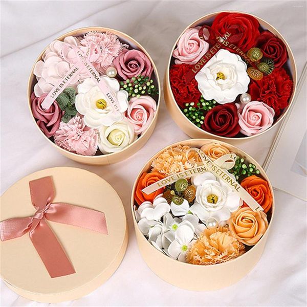 Fleurs décoratives Creative Simulation Pivoine Savon Fleur Avec Boîte Cadeau Ronde Parfum Rose Forme Noël Anniversaire Saint Valentin Cadeaux De Mariage