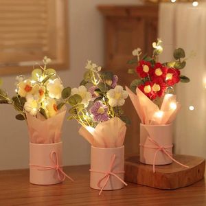 Decoratieve bloemen gehaakt bloemboeket Handgebreide bladerdeeg met LED-licht String Gebreid Kunstmatig Valentijnsdagcadeau Bruiloftsgasten