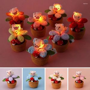 Fleurs décoratives crochet fleur pot kawaii cochon à main tricote bricolage plante en pot avec lampe à LED d'anniversaire de cadeaux pour enfants décor