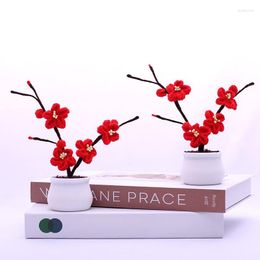 Flores decorativas crochê ameixa e flor de cerejeira vaso de plantas simulação bonsai artesanato tecido à mão mesa de jantar decoração de quarto