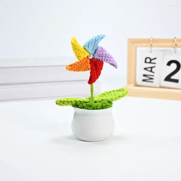 Fleurs décoratives Crochet moulin à vent rotatif bonsaï plantes en pot artificielles cadeaux tricotés à la main pour fille/garçon maison table/bureau de bureau
