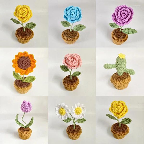 Flores decorativas crochet girasol planta en maceta Flower bonsai rosa cactus tulip margarita artificial regalos hechos a mano decoración de escritorio de casa