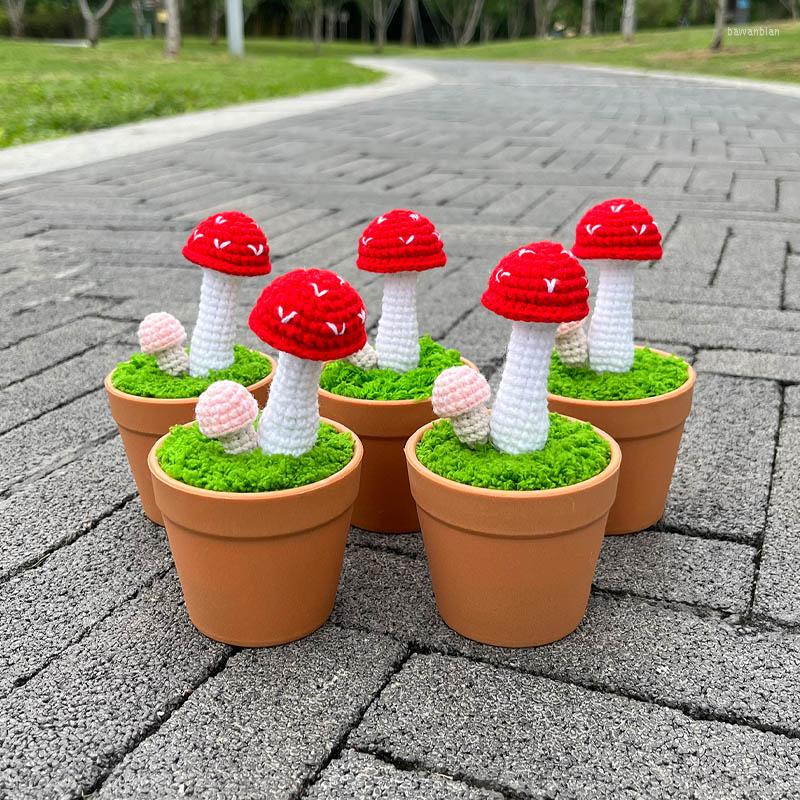 Decorative Flowers Crocheted Mushroom Flower Potted Artificial Plants Bonsai Hand-Knitted Funny Gifts For Room Home Table Office Desktop