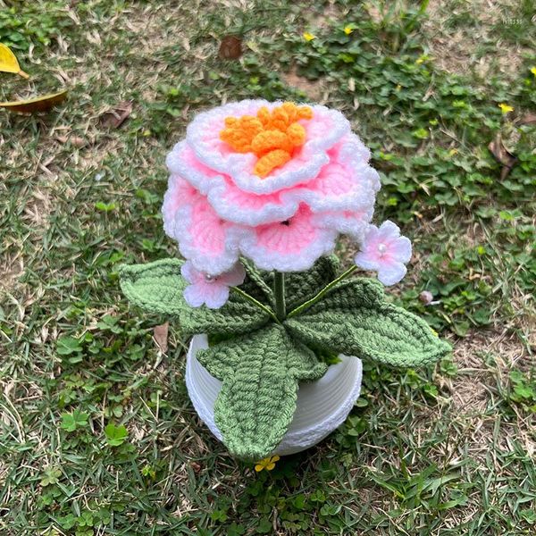 Fleurs décoratives au crochet pivoine en pot plante artificielle tricotée à la main cadeau mignon pour mère maison chambre table bureau décoration accessoires