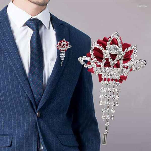 Flores decorativas corona diamante padrino Boutonniere hombre traje solapa Pin vino rojo Rhinestone DIY hombres ramillete boda accesorios XH068D