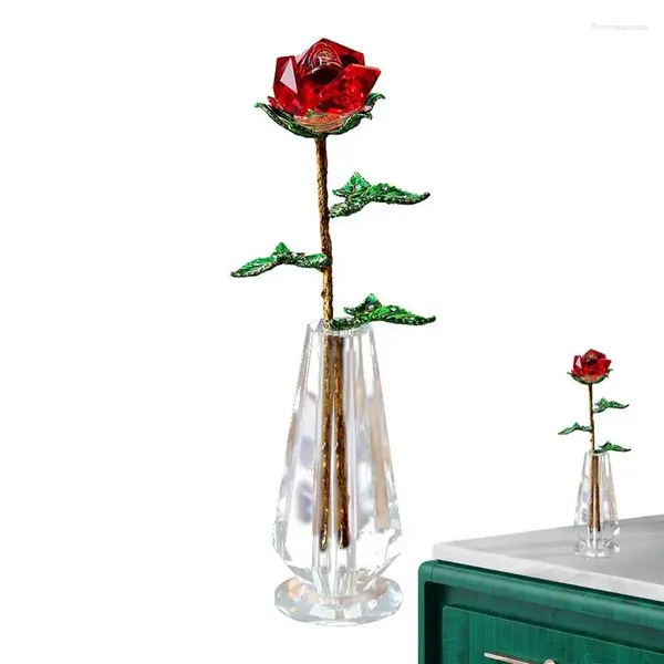 Fleurs décoratives Crystal Rose Figurine avec vase Red Collectible Roses Ornement Decor for Wedding