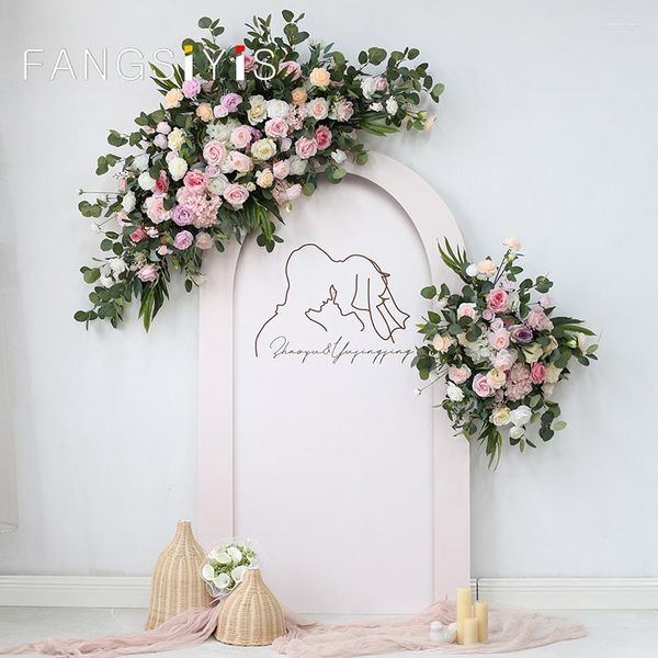 Flores decorativas Custom Artificial Pink Rose Corner Flower Arrangemen Boda Colgante Wall Arch Stage Fondo Party Home Window Display