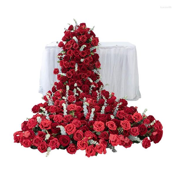 Flores decorativas Personalizar Pared de flores artificiales Cola de flor de rosa Decoración de fondo de boda Camino de mesa nupcial Fila principal de camino floral