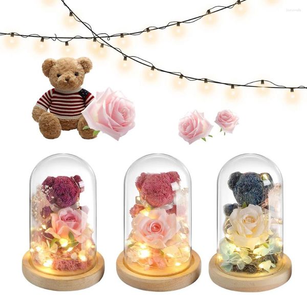 Fleurs décoratives ours mignon, Rose éternelle en verre avec LED, Roses préservées, cadeaux pour petite amie et amoureux
