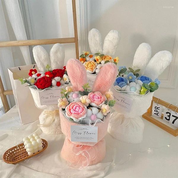 Fleurs décoratives mignon en peluche oreille tricoté Bouquet main Crochet fil de laine fleur maison bureau décor petite amie cadeau de la journée de l'enseignant