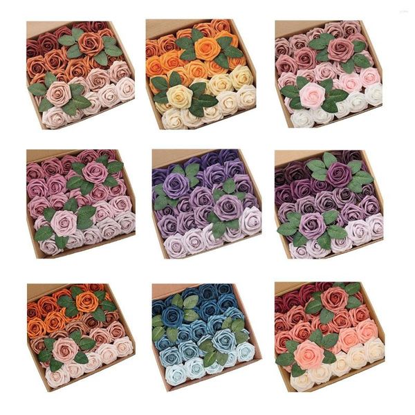 Fleurs décoratives D-Seven 25/50pcs Artificielle 5 Tons Couleurs Mélangées Roses En Mousse Avec Tige Pour Table De Mariage Décoration De Fête À La Maison Bouquet De Bricolage