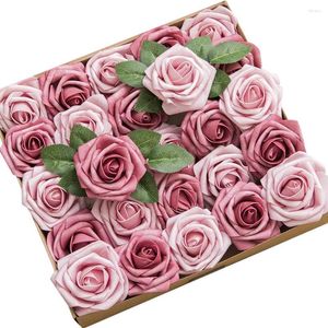 Flores decorativas D-Seven 25pcs / 50pcs Flor artificial Canela Rosa Shabby Pink Espuma con tallo para bricolaje Ramo Centros de mesa de boda