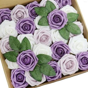 Decoratieve bloemen D-zeven 25-stks kunstmatige bloem wit/lavendel mist/bleke lila rozen met stengel voor doe-het-zelf bruiloftsboeketten cake decor