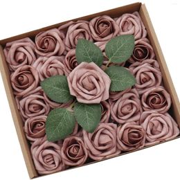 Fleurs décoratives D-sept artificiels 1,5 "et 2" Rose poussiéreuse 25pcs Buds réalistes petites roses avec tige pour le boutonnie de mariage bricolage