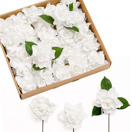 Flores decorativas D-Seven Artificial 25 piezas Gardenias blancas con tallo para ramos de boda Mesa central Decoración de pastel de despedida de soltera