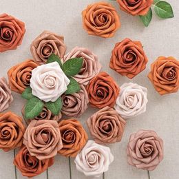 Decoratieve bloemen D-zeven kunstmatige 25 stcs verbrande oranje ombre 5 kleuren gemengde schuim rozen met stengel voor doe-het-zelf trouwboeketten babydouche